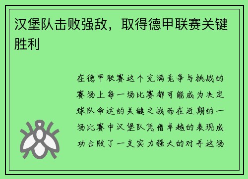 汉堡队击败强敌，取得德甲联赛关键胜利