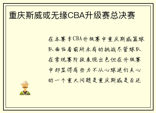 重庆斯威或无缘CBA升级赛总决赛